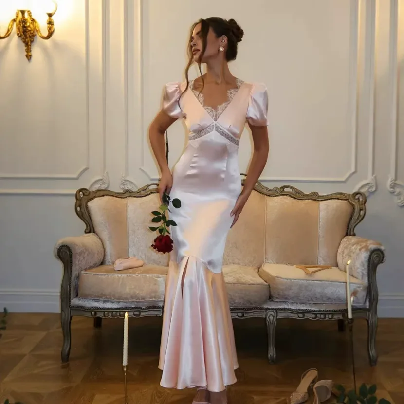 Bodycon Mermaid Dress V Neck Lace Detail Elegant Satin Fabric Perfect for Formal Events