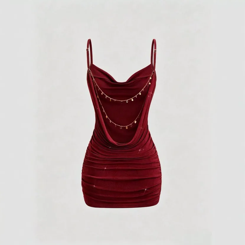 Womens Spring Summer Cross Back Dress Pleated Neckline Chain Detail Elegant Design Perfect for Parties and Events