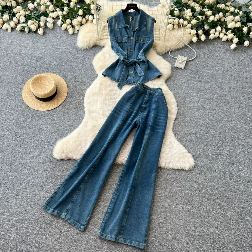 Sleeveless Denim Two Piece Set for Women Slim Fit High Waist Pants and Tank Top Casual Summer Outfit