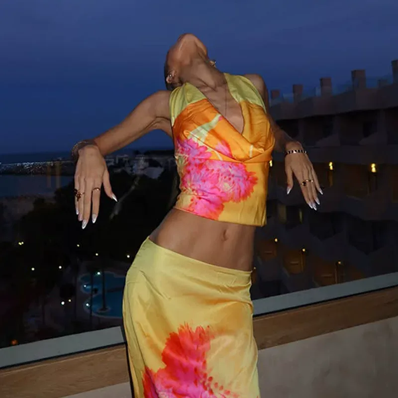 Backless Halter Neck Floral Print Top and Maxi Skirt Set for Summer Beach Vacation in Yellow S to L Backless Halter Neck Floral Print Top and Maxi Skirt Set for Summer Beach Vacation in Yellow S to L