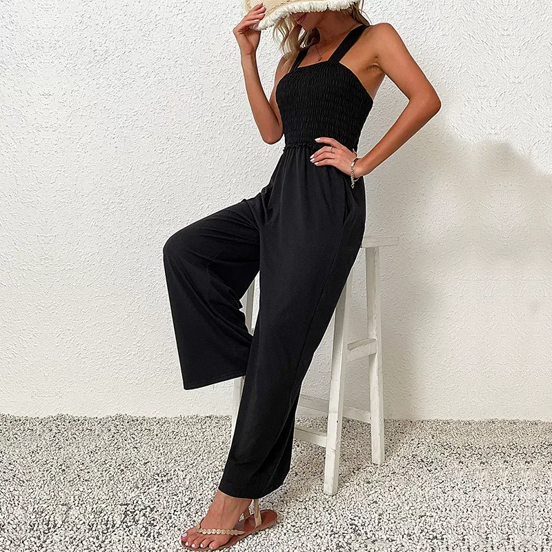 Black Wide Leg Jumpsuit for Women Casual Summer Style Comfortable Sleeveless Design