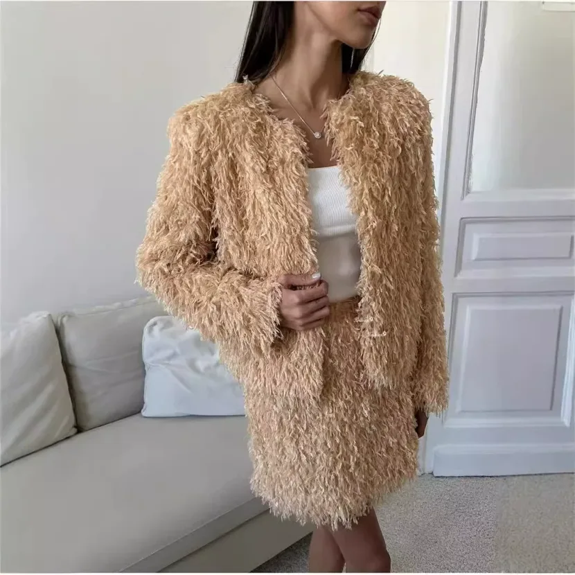 Womens Khaki Fringe Set Elegant Jacket and Skirt Casual Autumn Winter Outfit fast shipping