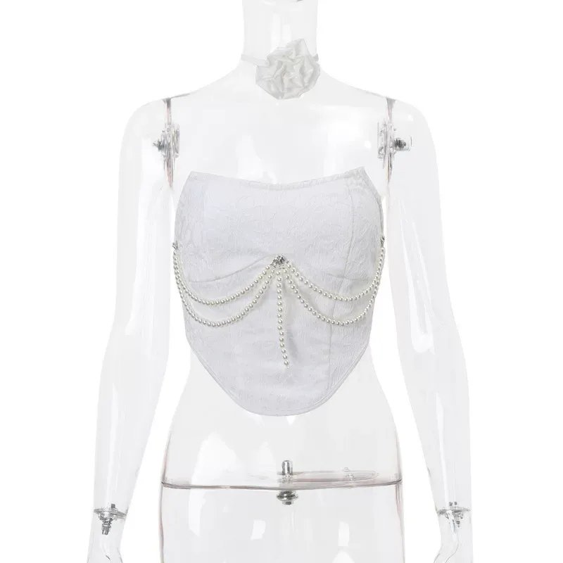 Pearl Chain Strapless Top and Fringe Skirt Set for Women Summer Fashion Casual Chic Available in