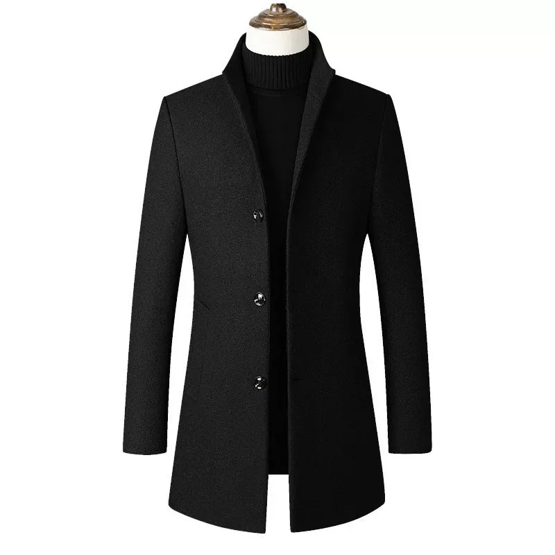 Mens Overcoat Mid Length Single Breasted Design Stand Collar Wool Blend Available in Multiple Colors and Sizes