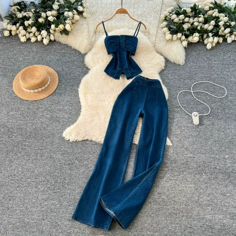 Denim Crop Top and Wide Leg Pants Set for Women High Waist Comfortable Fit Spring Summer Casual Wear