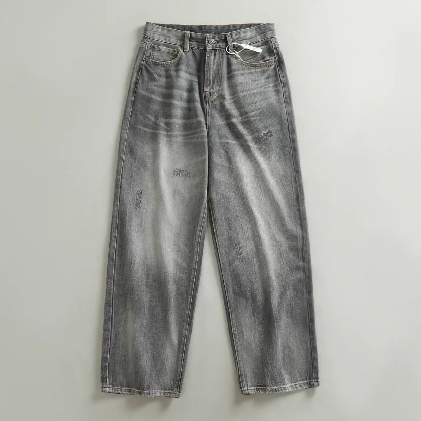 Gray Vintage Wash Loose Fit Denim Pants for Men Sleeveless Collarless Breathable Casual Gray Vintage Wash Loose Fit Denim Pants for Men Sleeveless Collarless Breathable Casual