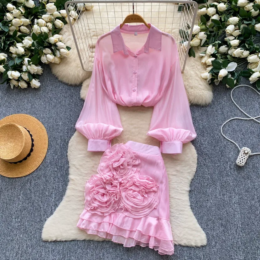 Pink Floral Two Piece Set for Women Elegant Blouse and Skirt Perfect for Early Summer