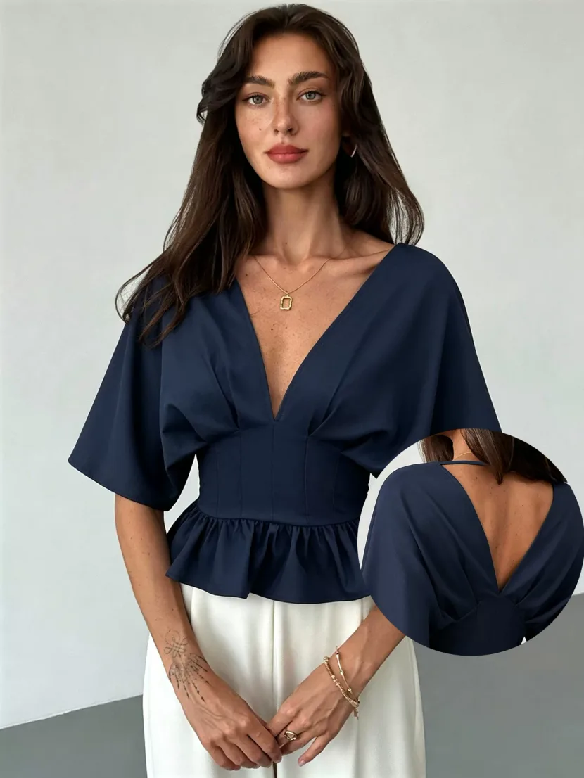 V Neck Batwing Sleeve Top Backless Slim Fit Ruffle Hem Casual Wear Summer Style Wholesale Available