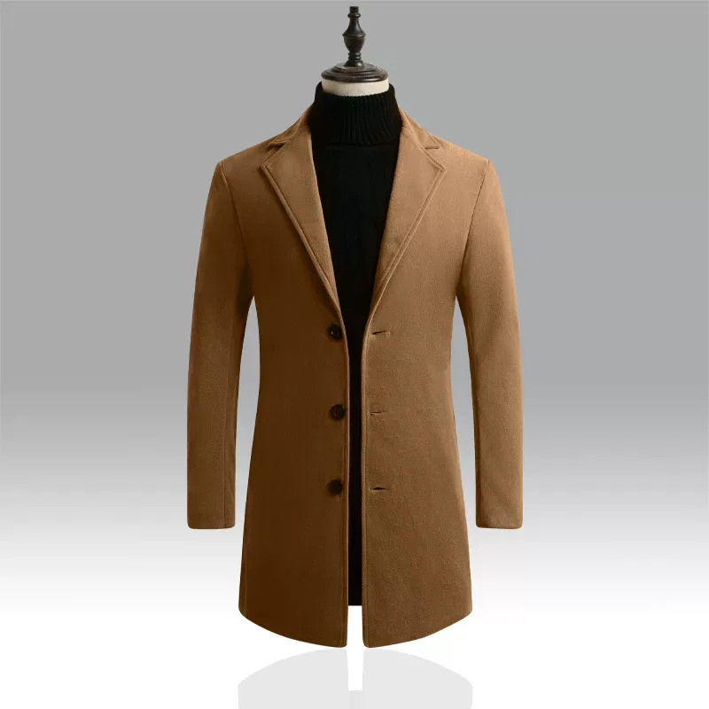 Mens Wool Blend Overcoat Slim Fit Single Breasted Mid Length Casual Outerwear for Fall and Winter