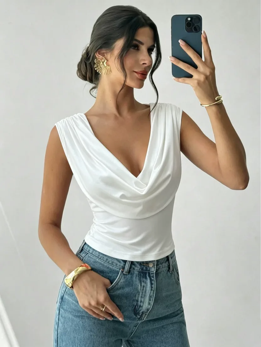 Sleeveless T Shirt Ruffled Neckline Slim Fit Versatile Style Summer Casual Wear for Women Wholesale Available