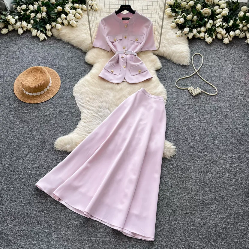 Pink Short Sleeve Top and High Waist Skirt Two Piece Set for Women Summer Casual Outfit Wholesale custom packaging Pink Short Sleeve Top and High Waist Skirt Two Piece Set for Women Summer Casual Outfit Wholesale custom packaging