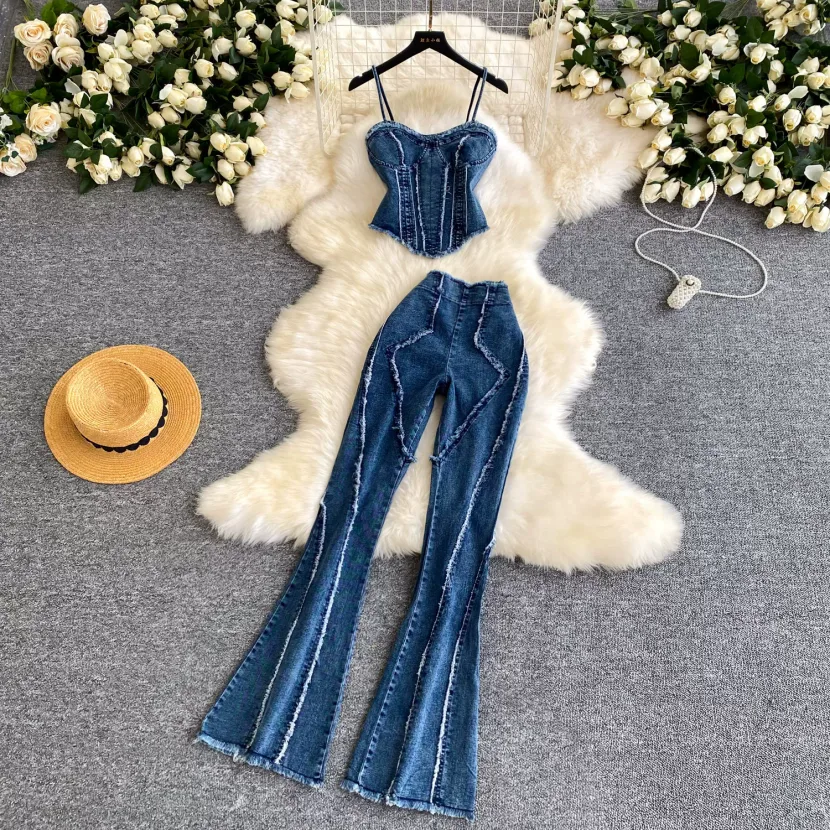 Womens Denim Two Piece Set High Waist Slim Fit Pants and Cami Top Casual Fashion for Summer Womens Denim Two Piece Set High Waist Slim Fit Pants and Cami Top Casual Fashion for Summer