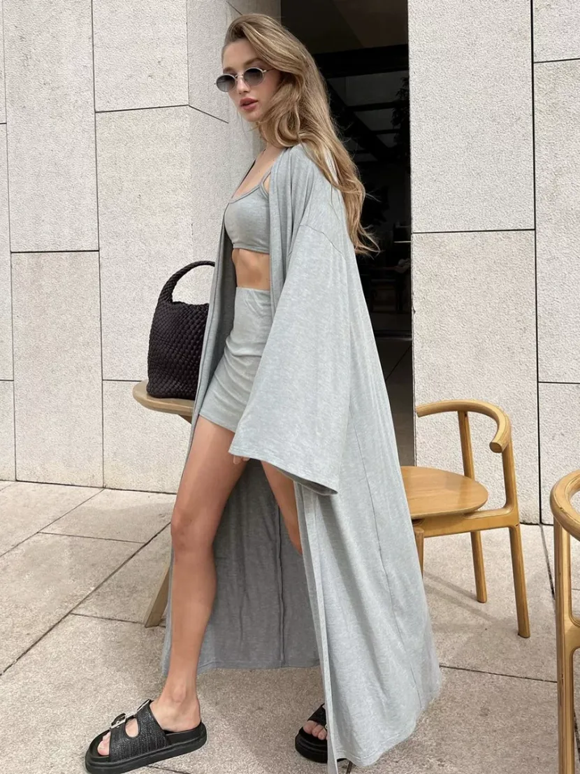 Womens Casual Three Piece Set Loose Long Cardigan with Cami and Mini Skirt Versatile for Spring and Summer Wholesale Womens Casual Three Piece Set Loose Long Cardigan with Cami and Mini Skirt Versatile for Spring and Summer Wholesale