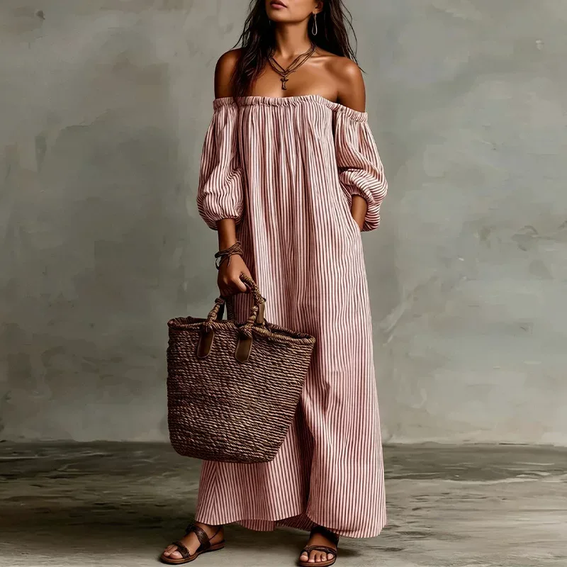 Vacation Style Maxi Dress Casual Loose Fit Off Shoulder Design Comfortable Fabric Perfect for Summer Outings