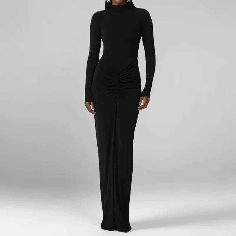 Elegant Sleeveless High Waist Solid Polyester Dress in Black for Women