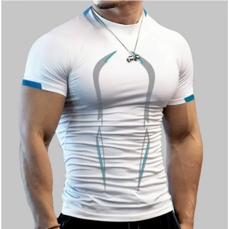 Mens Slim Fit Breathable Sporty Short Sleeve T Shirt in Solid Color Polyester for Summer Training