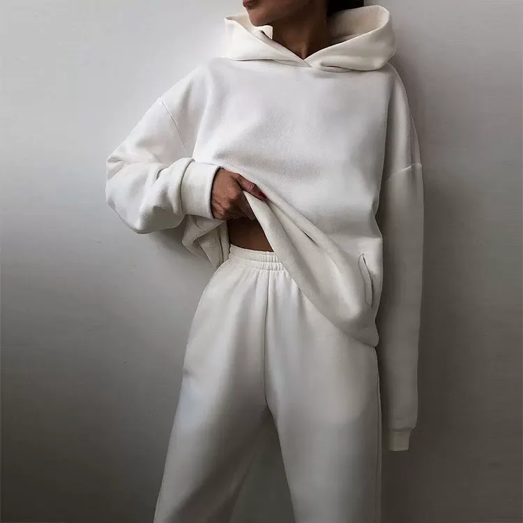 Hooded Sweatshirt and Pants Set for Women Solid Color Casual Outfit Spring Fashion