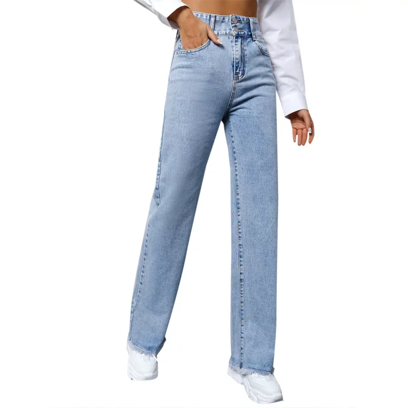 High Waist Casual Straight Leg Jeans for Women Light Blue Comfortable Fit low MOQ