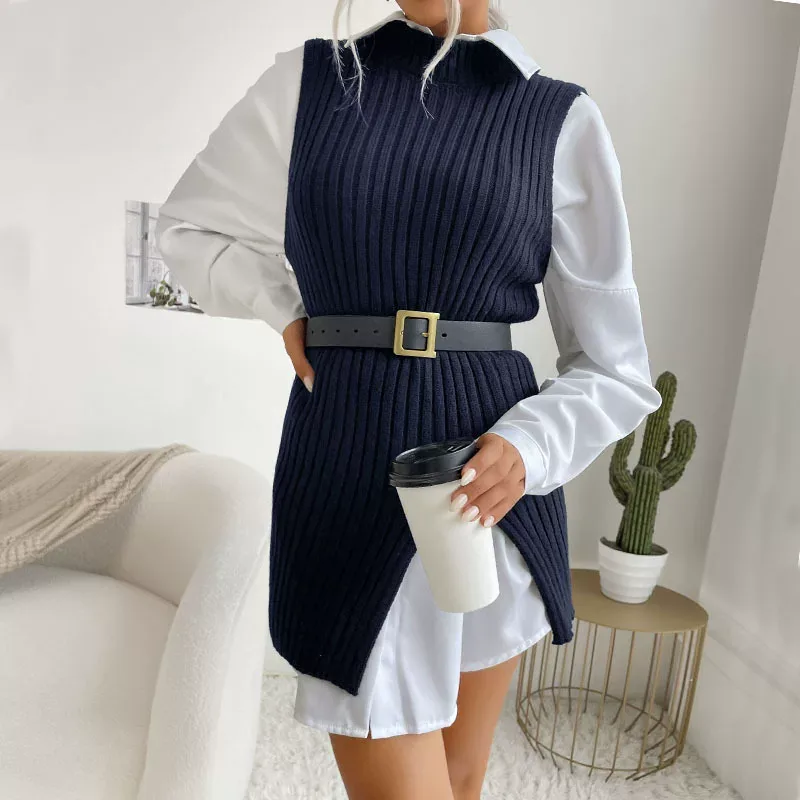 Sleeveless Long Knit Sweater for Women Solid Color Casual Style Autumn Collection