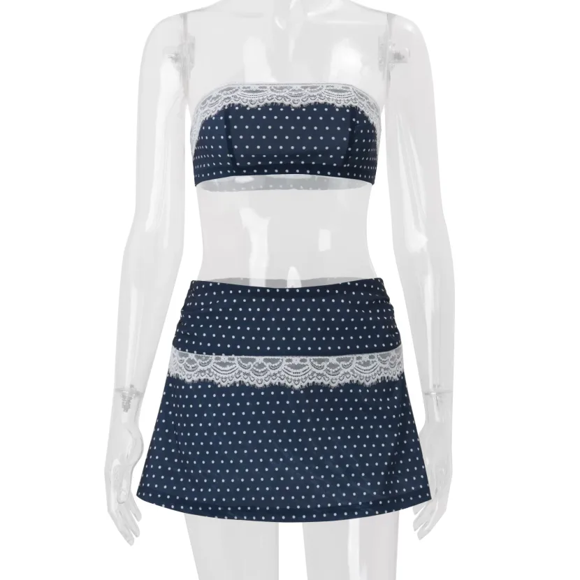 Womens Summer Vacation Set Blue Polka Dot Lace Trim Strapless Top and A Line Skirt Casual Wear Womens Summer Vacation Set Blue Polka Dot Lace Trim Strapless Top and A Line Skirt Casual Wear