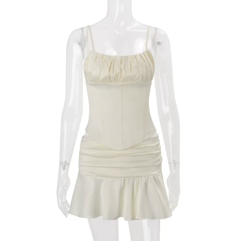 Womens Spring Outfit Set French Style Backless Camisole with Ruffle Hem and Mermaid Skirt Available in Apricot and Pink