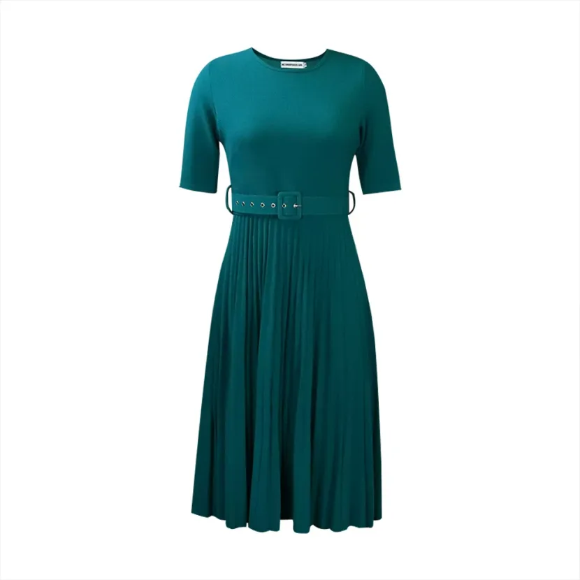 Pleated Midi Dress for Women Round Neckline Plus Size Available Green and Dark Blue Wholesale with Low MOQ