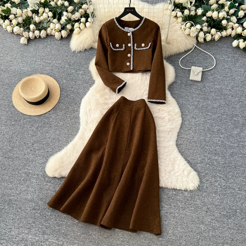 Two Piece Womens Set Cardigan with Metallic Buttons and High Waisted Skirt Autumn Fashion Two Piece Womens Set Cardigan with Metallic Buttons and High Waisted Skirt Autumn Fashion