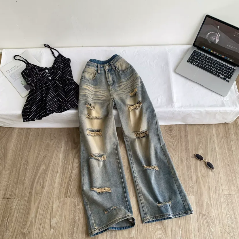 High Waist Ripped Denim Jeans for Women Loose Fit Retro Style Casual Wear for All Seasons High Waist Ripped Denim Jeans for Women Loose Fit Retro Style Casual Wear for All Seasons