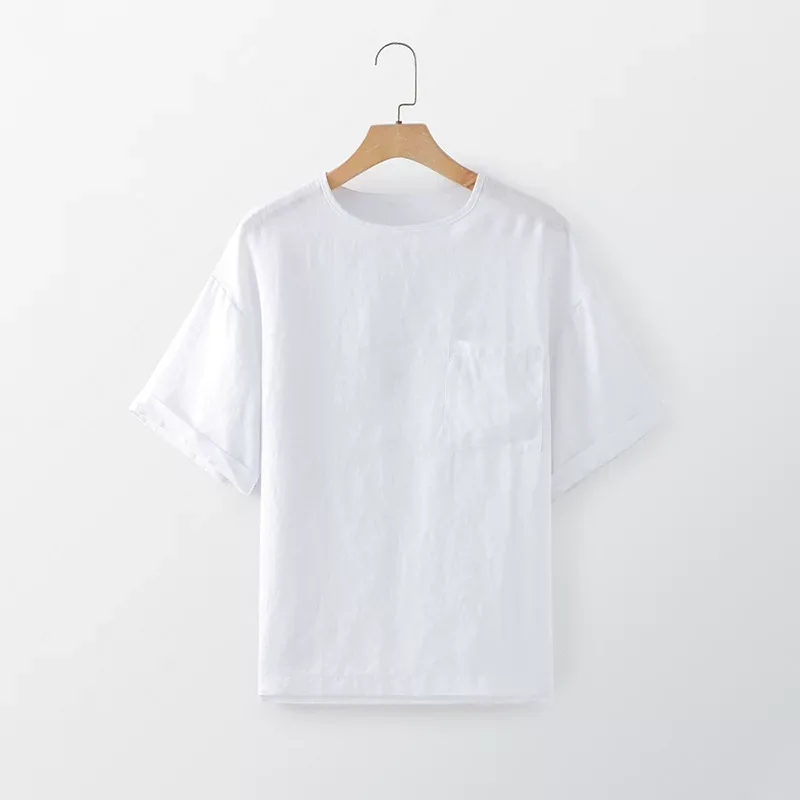 Mens Loose Fit Short Sleeve Linen T Shirt Solid Pattern Breathable Summer Top