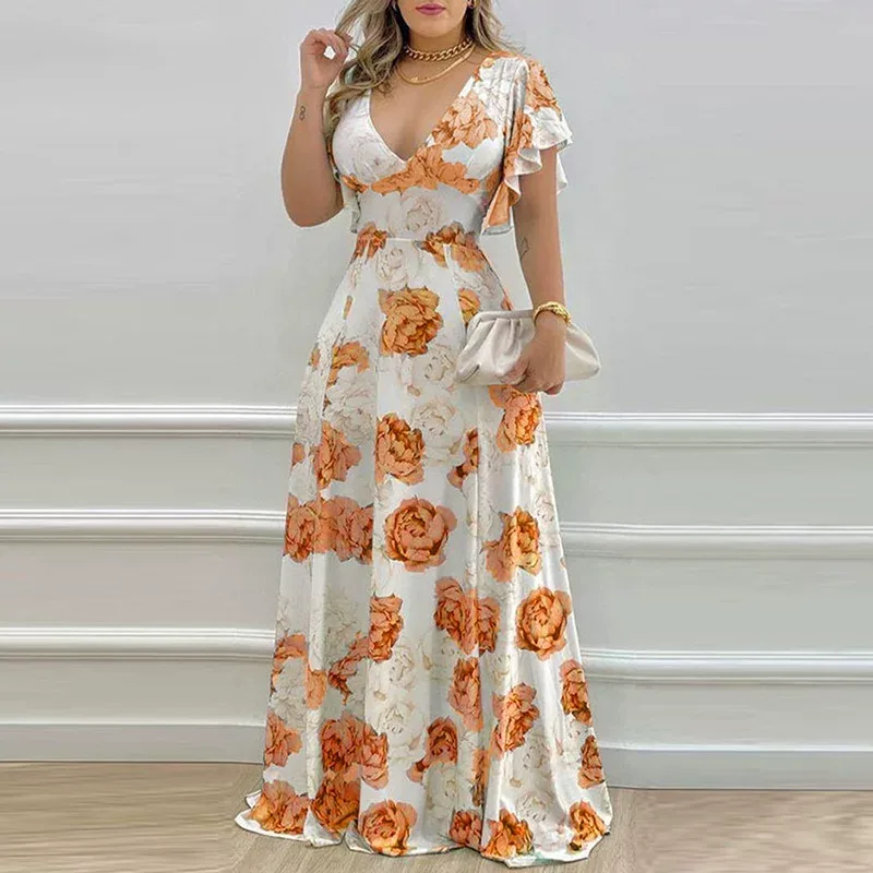 Elegant Womens Beach Dress High Waist Short Sleeve V Neck Polyester available in Multiple Sizes Elegant Womens Beach Dress High Waist Short Sleeve V Neck Polyester available in Multiple Sizes