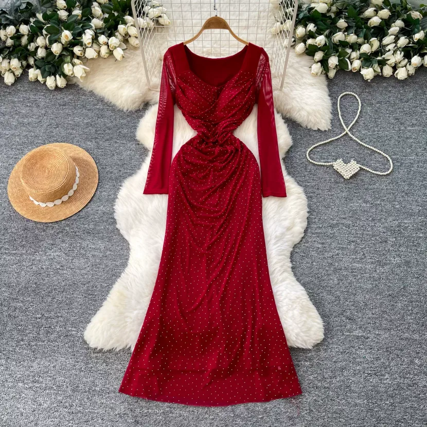 High Waist Long Sleeve Sweet Solid Polyester Dress for Women Autumn Commuter A Line Style