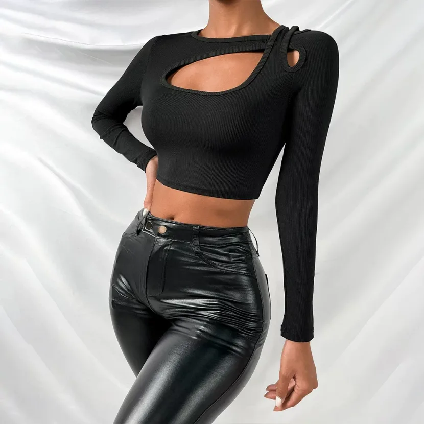 Womens Long Sleeve T Shirt Slim Fit Black Cotton Top Casual Wear for All Seasons