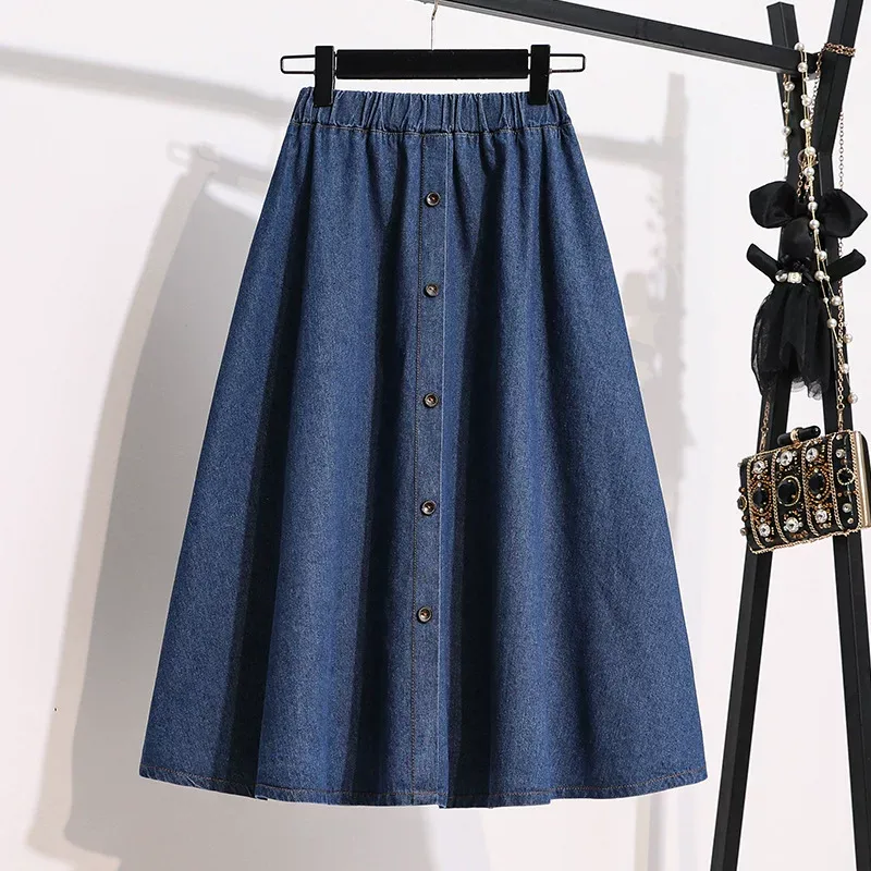 Blue Denim Skirt for Women Elastic Waist Button Design Casual Street Style Available in Multiple Sizes and Wholesale