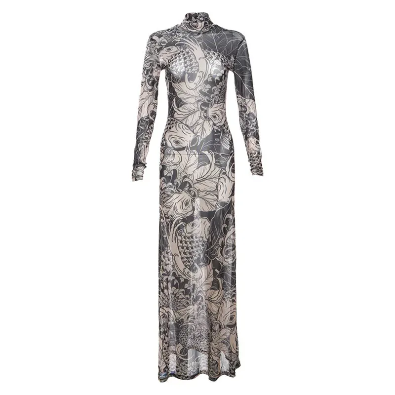 Sheer Floral Print High Neck Bodycon Dress for Women Khaki Spring Summer Fashion