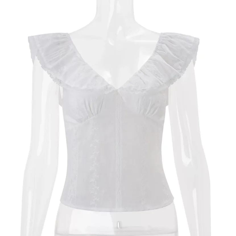 V Neck Ruffle Short Sleeve T Shirt for Women Slim Fit Casual Summer Style Available in White Wholesale