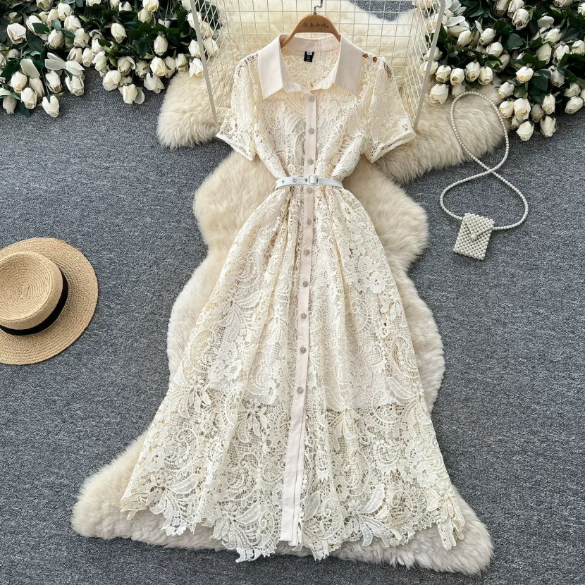 Pink Lace A Line Dress for Women Short Sleeve Collared Slim Fit Elegant Style for Parties and Events Wholesale