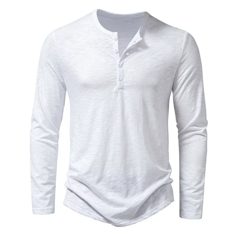 Mens Long Sleeve Collarless T Shirt in Solid Colors Made of Polyester for Spring Casual Wear