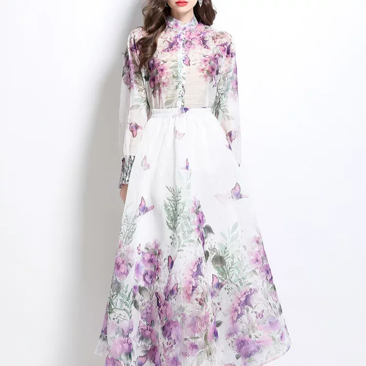 Womens Floral Print Two Piece Set Lantern Sleeve Top High Waist Skirt Spring Fashion