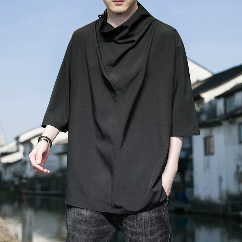 Mens Loose Fit Black T Shirt Short Sleeve High Neck Design Summer Casual Wear Mens Loose Fit Black T Shirt Short Sleeve High Neck Design Summer Casual Wear