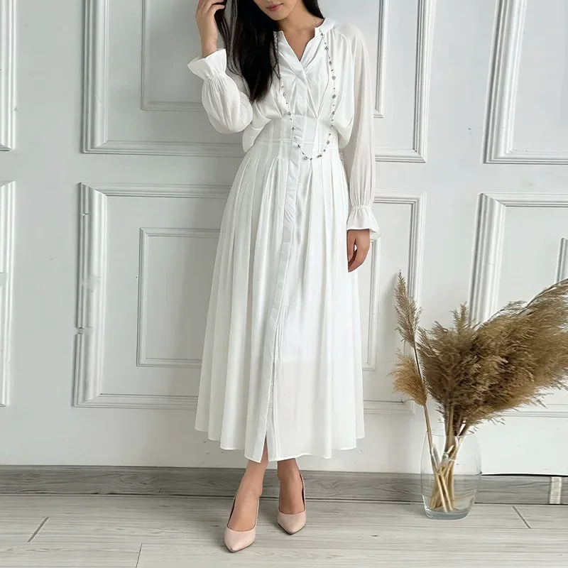 Elegant High Waist Long Sleeve V Neck Solid Polyester Dress for Women Elegant High Waist Long Sleeve V Neck Solid Polyester Dress for Women