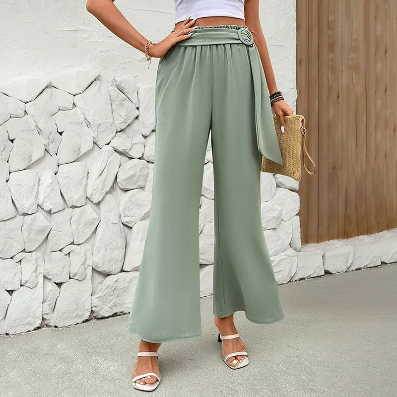 Womens Green Wide Leg Pants with Belt Summer Casual Style Lightweight Fabric ready to ship Womens Green Wide Leg Pants with Belt Summer Casual Style Lightweight Fabric ready to ship
