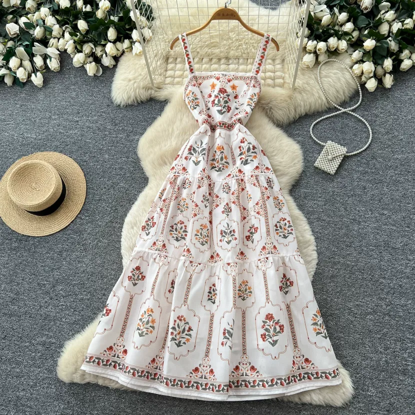 French Country Style Floral Print Maxi Dress High Waist A Line Silhouette Sleeveless Summer Vacation Wear Wholesale