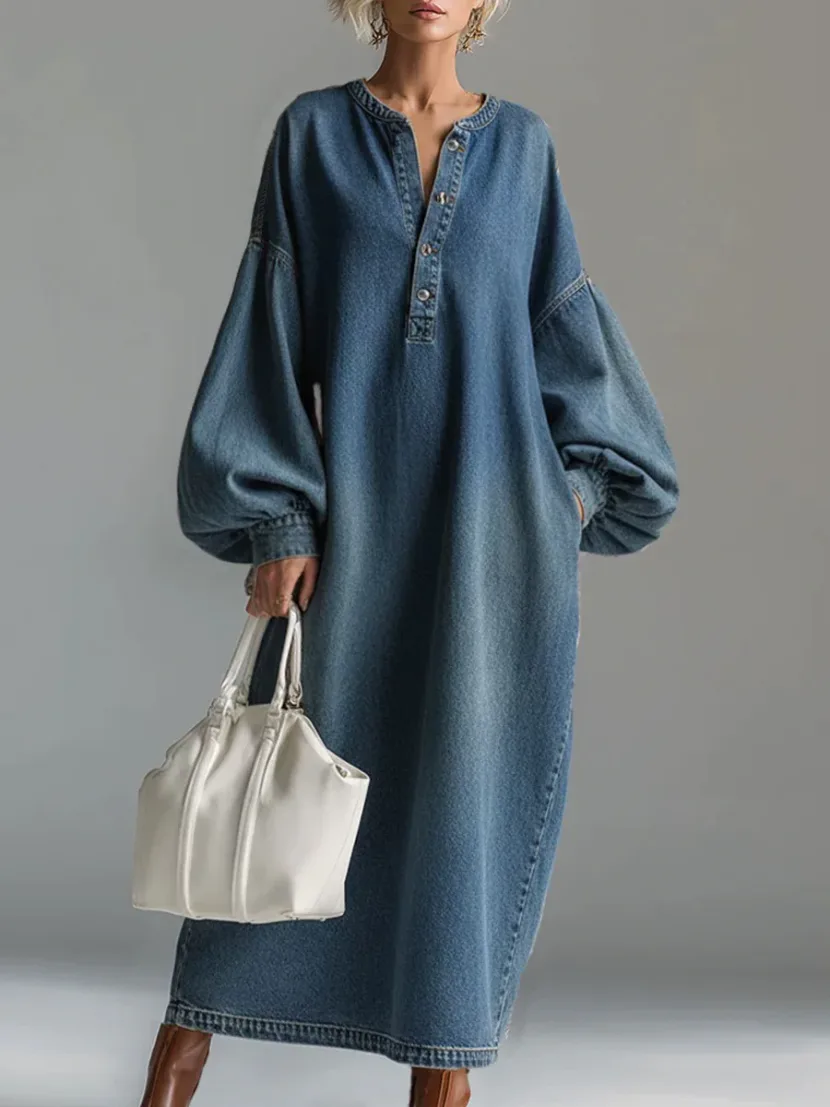 Long Sleeve V Neck Polyester Office Lady Dress for Women in Blue Available in Sizes S to XXL