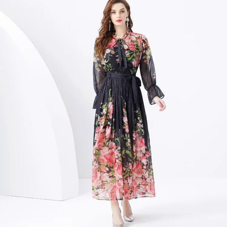 Womens Two Piece Set Long Sleeve Printed Chiffon Top and High Waist Maxi Skirt Casual Summer Outfit