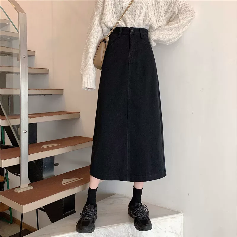 High Waist A Line Midi Skirt Slim Fit Stretch Denim Casual Everyday Wear customizable