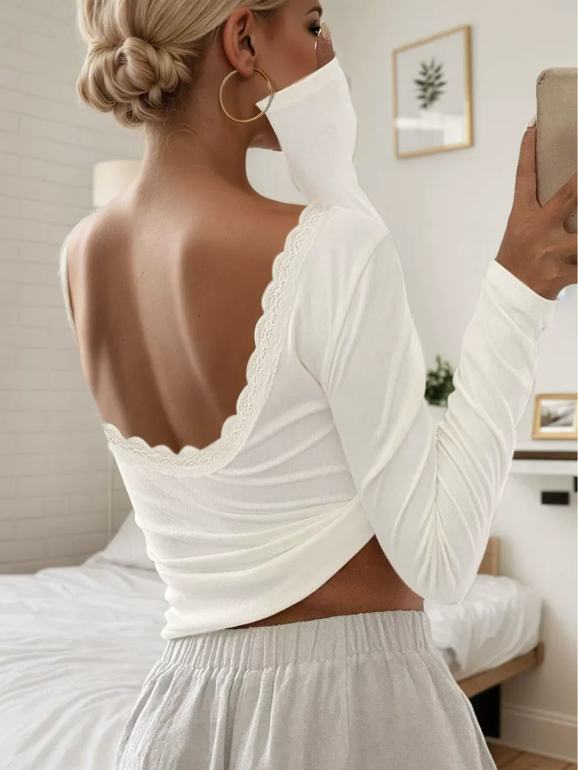 Womens Long Sleeve T Shirt Lace Panel Design Slim Fit Backless White Casual Wear