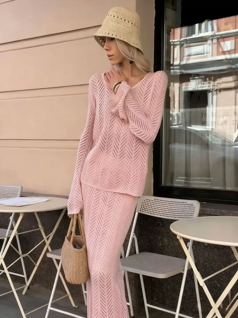 Knitted Two Piece Set Hollow Out Design Long Sleeve Top and Midi Skirt Cotton Fabric Casual Vacation Wear Wholesale