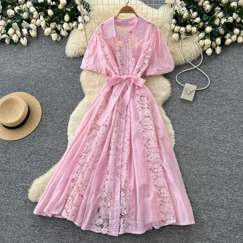 Pink Lace Embroidered A Line Dress High Waist Slim Fit Elegant Style Summer Occasion Wholesale Available
