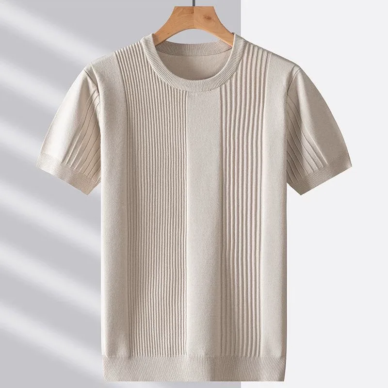 Mens Short Sleeve Striped Wool Knitted T Shirt Fashionable Casual Wear for Fall and Winter