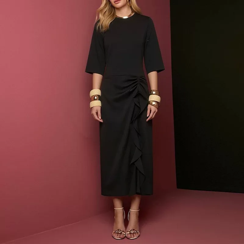 Summer Casual Dress for Women Solid Color Split Hem Pleated Design Vacation Style Wholesale Available